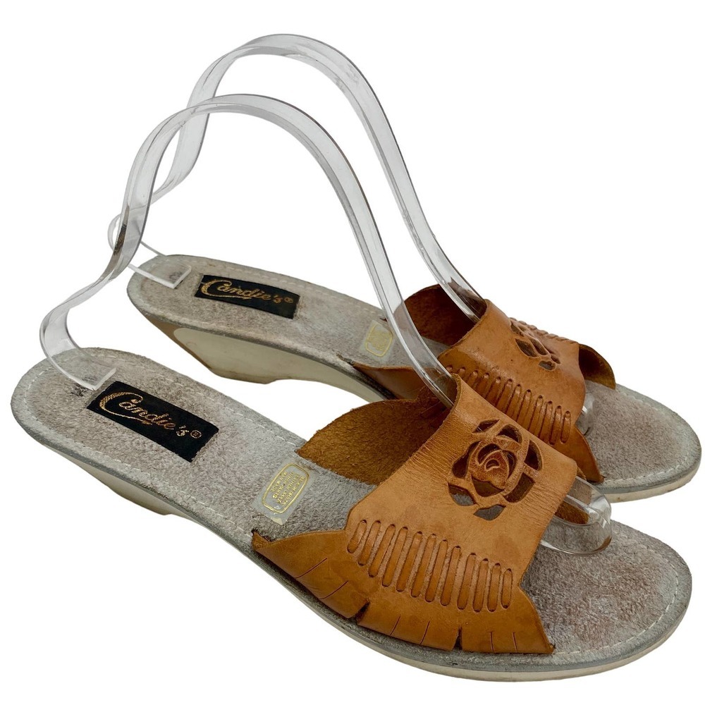 Vintage Candies Womens 10 Brown Leather Cutout Perforated Heel Rose 90's Slide